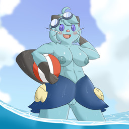 ahoge anthro athletic athletic_anthro athletic_female ball beach_ball big_breasts blue_body blue_eyes blue_fur blue_hair blue_sclera blush breasts casual_nudity cloud dripping eyewear eyewear_on_head female fur genitals goggles goggles_on_head hair inflatable looking_at_viewer low-angle_view nipples nude outside partially_submerged pokemorph scalchop sea snaggle_tooth solo thick_thighs vulva water kamek_sans golden_week nintendo pokemon amalia_(kamek_sans) dewott generation_5_pokemon pokemon_(species) 1:1 absurd_res hi_res