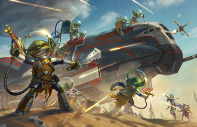 anthro armor bone cloud day desert ear_piercing ear_ring female green_body group gun holding_gun holding_melee_weapon holding_object holding_ranged_weapon holding_sword holding_weapon humanoid_focus male melee_weapon outside piercing ranged_weapon red_eyes ring_piercing sand science_fiction sharp_teeth shooting_gun skull smile spacecraft sword tail teeth vehicle weapon lie_setiawan paizo starfinder_(rpg) alien goblin humanoid mammal murid murine rat rodent hi_res official_art