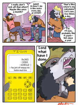 anthro backpack backwards_baseball_cap backwards_hat baseball_cap blonde_hair brick_wall calculator clothed clothing college college_student dialogue duo floppy_ears fluffy fur hair hat headgear headwear highlights_(coloring) horror_(expression) humor joke light_from_below long_ears male male/male masturbation open_mouth profanity red_eyes regret scary school shirt t-shirt teeth text tongue topwear wall_(structure) adondis russell_(adondis) beagle canid canine canis domestic_dog hunting_dog mammal poodle scent_hound absurd_res comic digital_media_(artwork) english_text hi_res meme