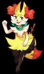 2022 ambiguous_gender anthro black_body black_fur black_legs braixen digital_media_(artwork) dipstick_tail eyebrows facial_scar flavia-elric fluffy fluffy_tail fur generation_6_pokemon green_eyes green_scarf hi_res inner_ear_fluff markings nintendo open_mouth open_smile paws pokemon pokemon_(species) pokemon_mystery_dungeon pupils raised_arm red_body red_fur red_tail_tip scar scarf smile solo spike_chunsoft standing stick tail tail_markings tongue tuft white_body white_fur white_sclera yellow_body yellow_fur