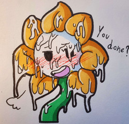 after_oral blush bodily_fluids breath bukkake cum cum_covered cum_on_face dialogue excessive_cum excessive_genital_fluids fangs genital_fluids looking_at_viewer male messy not_furry open_mouth plant solo talking_to_viewer teeth text justsomeidiotonline undertale undertale_(series) flowey_the_flower elemental_creature flora_fauna humanoid absurd_res hi_res