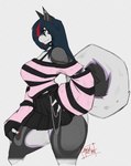 anthro big_breasts bottomwear breasts choker clothed clothing female hand_on_hip jewelry necklace off_shoulder side_view skirt solo sweater thick_thighs topwear anuki canid canine canis domestic_dog husky mammal nordic_sled_dog spitz hi_res