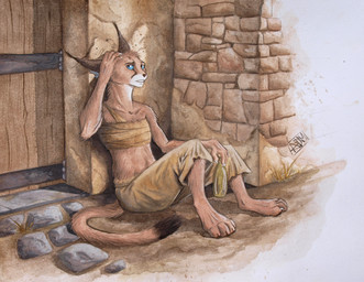 4_toes 5_fingers anthro barefoot biped blue_eyes bottle chest_wraps clothed clothing container day detailed_background ear_tuft feet female fingers fur holding_bottle holding_container holding_object looking_at_viewer outside reclining sitting solo toes tuft wraps 0laffson shadi_(0laffson) caracal caracal_(genus) felid feline mammal 2015 traditional_media_(artwork)