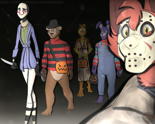 female group holidays male puppet namygaga five_nights_at_freddy's five_nights_at_freddy's_2 fnafng halloween scottgames bonnie_(fnaf) chica_(fnaf) foxy_(fnaf) freddy_(fnaf) marionette_(fnaf) avian bear bird canid canine chicken fox galliform lagomorph leporid mammal phasianid rabbit 2018 absurd_res digital_media_(artwork) hi_res