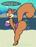 anthro ass_clapping beach bent_over bikini breasts butt clothing eyes_closed female open_mouth outside raised_tail sky smile solo speech_bubble swimwear tail text twerking two-piece_swimsuit water mr.under nickelodeon spongebob_squarepants sandy_cheeks mammal rodent sciurid tree_squirrel english_text hi_res