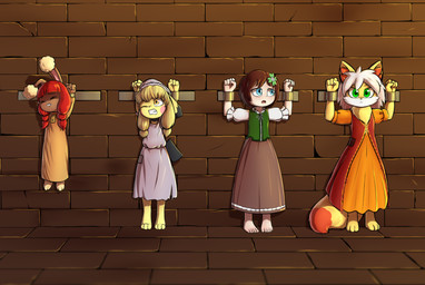 3_toes 5_toes alternate_species angry anthro barefoot blonde_hair bound captured clothed clothing cuff_(restraint) dungeon fantasy feet female forced fully_clothed group hair humanoidized plantigrade prisoner red_hair restrained restraints shackles submissive submissive_female suspension toes wall_(structure) young e254e nintendo pokemon buneary fennekin generation_2_pokemon generation_4_pokemon generation_6_pokemon human humanoid mammal pichu pokemon_(species) absurd_res digital_media_(artwork) hi_res