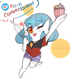 blue_hair chibi clothing cupcake female food hair happy heart_symbol kitchen_utensils not_furry one_eye_closed open_mouth orange_eyes simple_background solo text tools whisk white_background ittziofficial nintendo pokemon lucinda_(baterco) gardevoir generation_3_pokemon pokemon_(species) shiny_pokemon 1:1 2021 english_text hi_res signature watermark