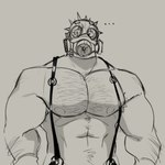 body_hair chest_hair for_a_head gas_mask grey_background looking_at_viewer male mask muscular muscular_humanoid muscular_male nipples pecs simple_background solo suspenders kiba24 dorohedoro kaiman_(dorohedoro) animal_head animal_humanoid humanoid scalie scalie_humanoid hi_res sketch