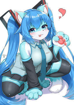 accessory alternate_species anthro black_bottomwear black_clothing black_skirt blue_body blue_clothing blue_ears blue_eyes blue_fur blue_hair blue_tail blue_topwear blush bottomwear clothing countershade_face countershade_fur countershade_torso countershading cute_fangs dipstick_tail fangs female female_anthro fur furrification hair inner_ear_fluff kemono long_hair looking_at_viewer markings necktie pawpads paws simple_background skirt solo tail tail_markings teeth tongue tongue_out topwear tuft whiskers white_background white_body white_fur white_tail_tip horokusa0519 vocaloid yamaha_corporation hatsune_miku domestic_cat felid feline felis mammal 2026 hi_res
