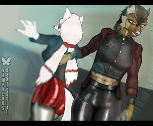 abs anthro big_breasts blurred_background bottomwear breasts clothed clothing crop_top duo female female/female fully_clothed looking_away mohawk muscular muscular_female pencil_skirt shirt skirt smile smirk standing suit topwear vampvenus chris_fortunati_(vampvenus) zuye_tuzul_(lethe_anax) canid canine canis domestic_dog fox mammal absurd_res hi_res letterbox signature watermark