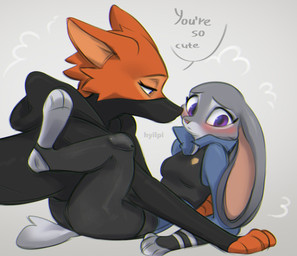 anthro bedroom_eyes blush blush_lines clothed clothing dialogue dominant dominant_female duo feet female female/female fingers flustered fur grey_background grey_body grey_fur looking_down narrowed_eyes nervous orange_body orange_fur pinned police police_uniform predator/prey purple_eyes scut_tail seductive short_tail simple_background sitting tail text toes uniform hyilpi disney dreamworks the_bad_guys zootopia diane_foxington judy_hopps canid canine fox lagomorph leporid mammal rabbit 2022 crossover digital_media_(artwork) english_text