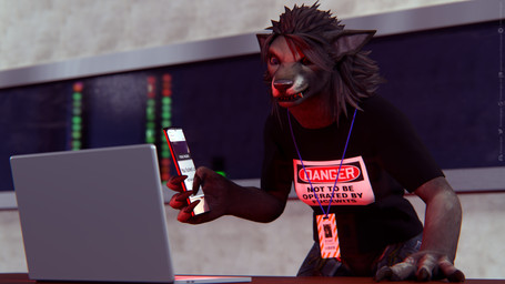 4_fingers angry anthro black_hair black_nose cellphone clothed clothing computer ears_down electronics fangs female fingers fur grey_body grey_fur hair holding_object holding_phone id_card inside laptop phone pivoted_ears print_clothing print_shirt print_t-shirt print_topwear shirt smartphone solo t-shirt teeth text topwear white_body white_fur thatworgen blizzard_entertainment warcraft destiney_crawford_(thatworgen) canid mammal werecanid werecreature worgen 16:9 2021 3d_(artwork) 4k absurd_res autodesk_3ds_max_(artwork) digital_media_(artwork) hi_res url watermark widescreen