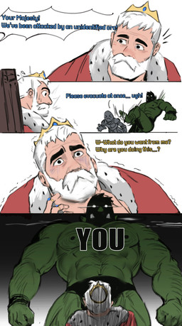 abs beard duo facial_hair fangs green_body green_skin hair humanoid_pointy_ears male muscular muscular_humanoid muscular_male nipples pecs pointy_ears size_difference teeth text white_hair dopq human humanoid mammal orc absurd_res english_text hi_res