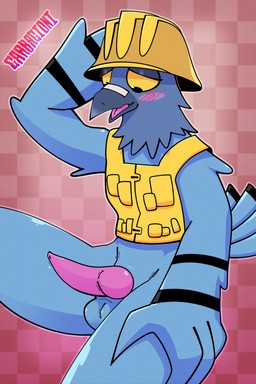 anthro anthrofied armor balls bandage beak black_body black_eyes black_feathers blue_balls blue_body blue_feathers blush bodily_fluids checkered checkered_background clothing dipstick_tail feathers genital_fluids genitals grey_beak hand_on_head hard_hat headgear headwear helmet knot looking_down male markings pattern_background penis pink_penis precum simple_background sitting solo spread_legs spreading tail tail_feathers tail_markings tapering_penis thick_thighs topwear vest yellow_clothing yellow_headwear yellow_helmet yellow_sclera yellow_topwear yellow_vest garbagioni halo_(series) microsoft xbox_game_studios avian bird columbid pigeon 2022 2:3 absurd_res hi_res