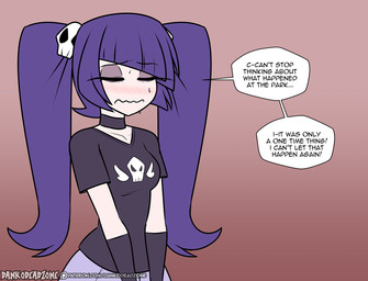 alternative_fashion black_clothing blush bottomwear breasts clothed clothing dialogue eyelashes eyes_closed female goth hair human_only not_furry pigtails purple_hair simple_background solo speech_bubble text topwear dankodeadzone human mammal english_text