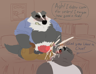 anthro balls bed bedroom black_body black_nose blush bodily_fluids cum cum_on_face duo erection furniture genital_fluids genitals male male/male mature_male overweight overweight_male penis text white_body bencomedion beastly_crimes beastly_crimes_(2024) chief_badger mole_(beastly_crimes) badger eulipotyphlan mammal mole_(animal) mustelid musteline 2026 english_text hi_res
