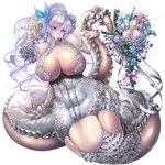 apode big_breasts blue_eyes bouquet breasts cleavage clothed clothing dress female flower flower_bouquet hair heterochromia huge_breasts humanoid_pointy_ears legless light_body light_skin monster_girl_(genre) pink_eyes plant pointy_ears ponytail purple_hair serpentine solo split_form vein veiny_breasts veiny_skin wedding_dress white_hair naglfar eden's_ritter_grenze cornelia_(eden's_ritter_grenze) draconcopode lamia reptile scalie snake 1:1 digital_media_(artwork) hi_res