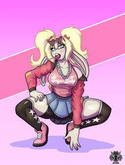 anthro bottomwear breasts buckteeth candy cleavage clothed clothing crouching dessert eyelashes eyewear eyewear_on_head female food footwear freckled_face freckles fur glasses glasses_on_head hair half-closed_eyes jewelry legwear lollipop lollipop_in_mouth looking_at_viewer narrowed_eyes necklace shoes simple_background skirt solo spread_legs spreading stockings tail teeth tongue tongue_out topwear mlock taffy_(mlock) lagomorph leporid mammal rabbit digital_media_(artwork) hi_res