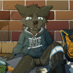 anthro backpack balls black_body black_fur blood blood_on_clothing blood_on_nose blue_eyes bodily_fluids bottomless bottomwear briefs bullying clothed clothing clothing_around_one_leg crying denim denim_bottomwear denim_clothing dirty_underwear fangs flaccid foreskin fur genital_fluids genitals homophobia homophobic_slur hoodie humanoid_genitalia humanoid_penis jeans male pants partially_clothed penis sad shota sitting slur small_balls small_penis solo spread_legs spreading tears teeth tight_foreskin topwear underwear underwear_around_one_leg underwear_down urine young young_anthro young_male dakkawoof dakka canid canine canis mammal wolf 1:1 2019 hi_res