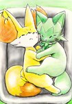 ambiguous_gender blush blush_lines duo eyes_closed feral fur green_body green_fur inner_ear_fluff orange_body orange_fur paws sleeping sleeping_together tail tuft white_body white_fur yellow_body yellow_fur eiroru nintendo pokemon canid canine felid feline fennekin generation_6_pokemon generation_9_pokemon mammal pokemon_(species) sprigatito 2025 graphite_(artwork) hi_res traditional_media_(artwork)