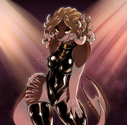 5_fingers anthro breasts brown_body claws clothing female finger_claws fingers glistening latex latex_clothing latex_legwear legwear long_tail looking_at_viewer multicolored_body piercing skinsuit smile solo standing tail tight_clothing tongue tongue_out tongue_piercing yellow_eyes mokuro moku_(mokuro) aquatic fish shark absurd_res hi_res