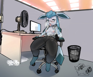 anthro bodily_fluids breasts breath chair female furniture heat_(temperature) office office_chair office_clothing office_lady panting solo sweat tongue tongue_out wet wet_body firebirddraws nintendo pokemon eeveelution generation_4_pokemon glaceon pokemon_(species) colored_sketch hi_res sketch