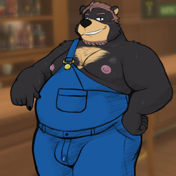alternate_species anthro black_body black_fur bodily_fluids brown_body brown_fur brown_hair bulge clothing cum cum_in_clothing facial_hair fur furrification genital_fluids hair looking_at_viewer male multicolored_body multicolored_fur musclegut muscular nipples overalls overweight overweight_male solo sweat teeth_showing two_tone_body two_tone_fur smush-sin stardew_valley andy_(stardew_valley) bear mammal 1:1 2026 digital_drawing_(artwork) digital_media_(artwork) hi_res
