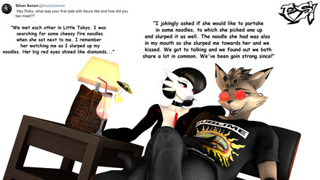 anthro big_breasts black_body black_choker black_clothing black_dress black_fur black_hair black_highlights black_jewelry black_latex black_necklace breasts brown_body brown_fur brown_hair choker clothed clothed_anthro clothed_female clothed_humanoid clothed_male clothing dress duo eyewear female fur glasses hair highlights_(coloring) jewelry latex latex_choker latex_clothing latex_dress male multicolored_body multicolored_fur multicolored_hair necklace q&a red_eyes shirt t-shirt talking_to_viewer topwear two_tone_body two_tone_fur two_tone_hair wearing_glasses white_body psikokinetic warfaremachine_(modeler) nintendo pokemon sublime asura_(psikokinetic) psiko_(psikokinetic) canid canine canis gardevoir generation_3_pokemon humanoid jackal mammal pokemon_(species) 2024 3d_(artwork) absurd_res digital_media_(artwork) hi_res source_filmmaker_(artwork)