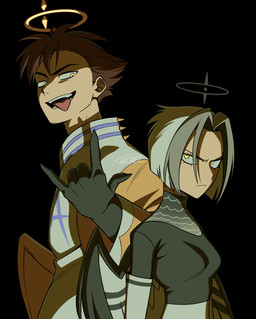 black_background clothed clothing devil_horns_(gesture) duo enai feathered_wings feathers female gesture halo hand_gesture male not_furry simple_background tongue tongue_out wings enaic31 hazbin_hotel hellaverse adam_(hazbin_hotel) lute_(hazbin_hotel) angel angel_humanoid humanoid absurd_res hi_res
