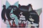 3_fingers :3 accessory anthro bangs black_eyebrows black_hair black_lips black_nose black_ribbon blush clothing empty_eyes exclamation_point eyebrows eyelashes female fingers fluffy fluffy_chest fur green_body green_ears group hair hair_accessory hairclip hand_on_chest hand_on_face kemono lips long_hair looking_at_another looking_at_viewer no_pupils noseless one_eye_obstructed pigtails pointy_ears prick_ears pupils red_clothing red_eyes red_hair_tie red_topwear ribbons smile suspenders tan_body tan_ears tan_fur text tied_hair tired tired_eyes topwear trio white_body white_eyelashes white_eyes yellow_eyes hasukii needy_streamer_overload ame-chan hazuki_mikami_(hasukii) mynt_(kittery) canid canine felid feline mammal english_text hi_res