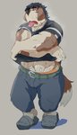 anthro barazoku bodily_fluids bottomwear brown_body brown_fur bulge clothing fur humanoid_hands kemono male pants simple_background solo sweat tongue tongue_out train_(artist) canid canine canis domestic_dog mammal 2018 4:7