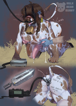 all_fours ambiguous_gender anal anal_penetration animal_genitalia animal_penis anthro anthro_penetrated backsack ball_gag balls bdsm big_breasts big_butt blindfold bodily_fluids bovine_genitalia bovine_penis breast_milking breast_squeeze breasts brown_body brown_hair butt clothing collar cowbell cowbell_collar disembodied_hand duo ear_piercing ear_tag electrode electroejaculation electrostimulation erection facial_piercing gag gagged genitals gloves gradient_background grey_background gynomorph gynomorph/ambiguous gynomorph_penetrated hair handwear horn intersex intersex/ambiguous intersex_penetrated lactating latex latex_clothing latex_gloves latex_handwear leash lips logo markings medical_gloves multicolored_body nipple_fetish nipple_pinch nipple_play nipples nose_leash nose_piercing nose_ring nude_anthro nude_gynomorph penetration penis perineum petplay piercing pigtails pinch rear_view red_background ring_piercing roleplay simple_background solo_focus spots spotted_body squeezing submissive submissive_anthro submissive_gynomorph submissive_intersex text thick_bottom_lip thick_thighs white_body wide_hips milkbearbunny mimi_(milkbearbunny) bovid bovine cattle human mammal artist_logo artist_name english_text hi_res nonbinary_(lore)