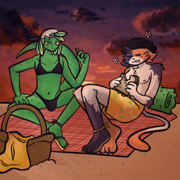 alternate_costume anthro basket beach bedding bikini blanket bulge casual_exposure clothed clothing clothing_swap container crossdressing_female crossdressing_male detailed_background duo feet female flat_chested food footwear hat headgear headwear holding_food holding_object leg_bracelet male nipples outside picnic picnic_basket sand sandals sandwich_(food) shoes sitting sunset swimming_trunks swimwear topless topless_anthro topless_female two-piece_swimsuit kosmicrat epic_games fortnite male_swimwear_challenge meow_skulls ziggy_(fortnite) chameleon domestic_cat felid feline felis humanoid lizard mammal reptile scalie 1:1 hi_res