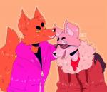 anthro blue_eyes clothing duo eyewear fur grey_body grey_fur hoodie male orange_body orange_fur simple_background sunglasses topwear yellow_eyes youtuber drawdroid jameskii pyrocynical canid canine canis fox mammal wolf