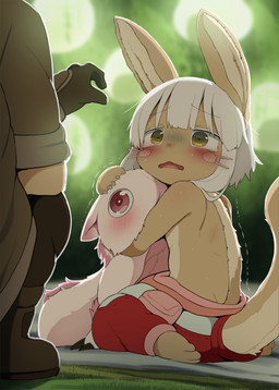 ambiguous_gender anthro biped blush clothed clothing cute_fangs detailed_background eyebrows fangs female fingers fur green_eyes group hair horizontal_pupils kneeling open_mouth pupils tail tan_body tan_fur tan_tail teeth trio white_hair dagasi made_in_abyss mitty nanachi human mammal narehate 2025 hi_res