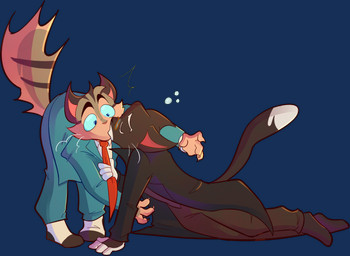 anthro clothed clothing drunk duo eyes_closed gentleman kissing male male/male necktie on_ground passionate substance_intoxication surprise_kiss surprised mikkybe lackadaisy mordecai_heller rocky_rickaby felid feline mammal alpha_channel hi_res