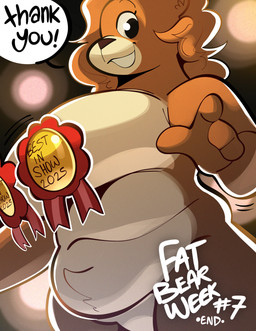 4_fingers anthro award award_ribbon belly big_breasts black_text breasts brown_body brown_fur brown_hair brown_nose countershade_torso countershading facial_markings female female_anthro fingers fupa fur hair head_markings markings muzzle_(marking) nude nude_anthro nude_female overweight slightly_chubby slightly_chubby_anthro slightly_chubby_female smile solo speech_bubble tan_body tan_countershading tan_fur tan_snout text tuft white_text gabbah fat_bear_week petunia_(gabbah) bear mammal 2025 digital_drawing_(artwork) digital_media_(artwork) hi_res portrait