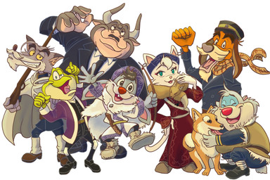 2_horns 5_fingers accessory ambiguous_feral ambiguous_gender anthro big_nose black_clothing black_necktie black_suit brown_clothing brown_footwear brown_shoes cloak clothed clothed_anthro clothed_female clothed_male clothing countershading female feral fingers footwear fully_clothed fur group horn hug humanoid_hands jumping long_ears male necktie open_mouth open_smile overweight overweight_anthro overweight_male pose quadruped red_nose shoes simple_background size_difference slim_anthro slim_female slim_male smile snout standing suit tan_body tan_fur tongue tongue_out white_background white_body white_countershading young young_anthro young_male lunakichi shima_spain_village_parque_espana alejandro_(shima_spain_village) choquyvivito don_quixote_(shima_spain_village) dulcinea_(shima_spain_village) julio_ranana sancho_panza_(shima_spain_village) torovar amphibian bovid bovine canid canine canis domestic_cat domestic_dog felid feline felis frog hybrid lagomorph leporid mammal rabbit wolf 2026 absurd_res digital_media_(artwork) hi_res shaded soft_shading