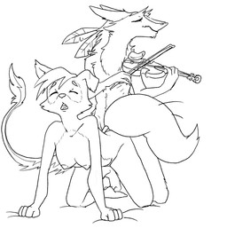 anthro bowed_string_instrument duo female male male/female musical_instrument nude sex string_instrument tail violin unknown_artist prostokvashino tama-tama hybrid sergal monochrome