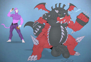 3_toes 5_toes anthro balls barefoot belt biceps big_penis blue_background blue_eyes blush bodily_fluids bottomwear claws clenched_teeth clothed clothing drill dripping duo erection feet front_view fur genital_fluids genitals gloves green_eyes grey_balls grey_body grey_skin grey_tail handwear holding_object huge_penis humanoid_genitalia humanoid_hands humanoid_penis larger_male long_penis male musclegut muscular muscular_male nude pecs penis pose precum purple_body purple_bottomwear purple_clothing purple_fur red_body red_skin sharp_teeth simple_background size_difference smaller_male snout spikes spread_legs spreading standing tail teeth text thick_penis thick_thighs toe_claws toes topless triceps vein veiny_penis kazushi konami mythology yu-gi-oh! armed_dragon armed_dragon_lv5 dragon duel_monster haplorhine mammal monkey mythological_creature mythological_scalie primate scalie 2017 absurd_res english_text hi_res