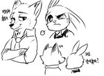 amused anthro crossed_arms duo female laugh male male/female necktie police police_officer questioning_tone coffeelsb disney zootopia judy_hopps nick_wilde canid canine fox lagomorph leporid mammal rabbit sly comic line_art low_res monochrome