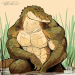 abs anthro big_muscles crocodile crocodilian crocodylid front_view green_body green_scales hi_res male muscular muscular_anthro muscular_male partially_submerged pupils reptile scales scalie sharp_teeth shirtless slit_pupils solo teeth wandwess water yellow_eyes