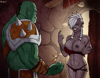 areola big_breasts black_hair breasts clothed clothing duo ear_piercing erect_nipples female flashing green_body green_skin hair male money muscular muscular_male navel navel_piercing nipple_piercing nipples not_furry off_shoulder one_breast_out piercing prostitution purple_body purple_skin skimpy smile white_hair yellow_eyes reinbach blizzard_entertainment warcraft humanoid orc