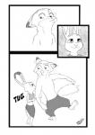 2017 3_toes anthro arm_tuft black_and_white border canid canine cheek_tuft clothed clothing comic crop_top dipstick_ears disney duo ear_markings facial_tuft feet female fox fur hi_res judy_hopps lagomorph leporid long_ears male mammal midriff monochrome multicolored_ears nick_wilde onomatopoeia rabbit red_fox sarong shirt shoulder_tuft signature simple_background smile sound_effects text toes topless topwear true_fox tuft tug walloruss white_background white_border zootopia