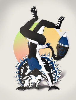 4_ears ambiguous_gender anthro black_body black_fur blue_body blue_eyes blue_fur claws feathered_wings feathers feet fur handstand looking_at_viewer multi_ear simple_background smile solo tail upside_down white_body white_fur winged_arms wings conditional_dnp teremunart avali absurd_res hi_res