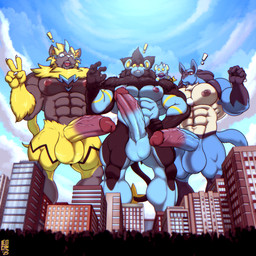 anthro balls big_muscles big_penis black_body black_fur blue_body blue_eyes blue_fur bodily_fluids city erection exclamation_point fur genital_outline genitals gesture group hand_gesture humanoid_genitalia humanoid_penis macro male muscular muscular_male penis red_eyes spines surprised tongue tongue_out v_sign vehicle yellow_body yellow_eyes yellow_fur modem_redpill nintendo pokemon canid canine felid generation_4_pokemon generation_7_pokemon legendary_pokemon lucario luxray mammal pokemon_(species) shinx zeraora 1:1 absurd_res hi_res