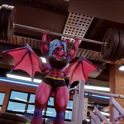 abs anthro athletic athletic_anthro athletic_female athletic_wear back_wings bared_teeth bat_wings big_breasts blue_claws blue_eyes blue_hair blue_nipples bottomwear bra breasts claws clenched_teeth clothed clothed_anthro clothed_female clothing eyebrows eyelashes female flexing flexing_bicep fur gym gym_bottomwear gym_shorts hair inside long_ears looking_at_viewer looking_down looking_down_at_viewer low-angle_view membrane_(anatomy) membranous_wings multicolored_body multicolored_fur muscular muscular_anthro muscular_arms muscular_female muscular_thighs nails nipples partially_clothed pink_body pink_fur pupils purple_body purple_fur red_body red_fur shorts small_pupils smile smiling_at_viewer smirk smirking_at_viewer solo sports_bra sportswear tail tattoo teeth teeth_showing thick_thighs toe_claws underwear wing_claws wings womb_tattoo xelli fiana_(xelli) bat mammal 1:1 3d_(artwork) blender_(artwork) blender_cycles_(artwork) digital_media_(artwork) hi_res