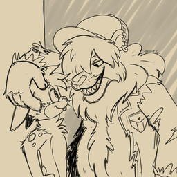 anthro arm_support bangs clothing duo grinning_at_another hair hair_over_eye hat headgear headwear kabedon leaning_on_elbow leaning_on_wall looming_over male no_clothing overweight overweight_male piercing torn_clothing trevor-fox felid lagomorph leporid lion mammal pantherine rabbit 1:1 hi_res sketch