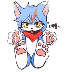 anthro blep blue_body blue_fur chibi fur inviting_to_hug kemono male pawpads red_scarf scarf simple_background sitting solo text tongue tongue_out white_background yellow_eyes min_furry canid canine fox mammal korean_text translated