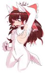 2020 absurd_res anthro blush bodily_fluids breasts brown_hair canid female fur hair hi_res human looking_down mammal mid_transformation naturally_censored nude open_mouth pawpads red_eyes reimu_hakurei simple_background solo species_transformation tears toribako touhou transformation white_background white_body white_fur